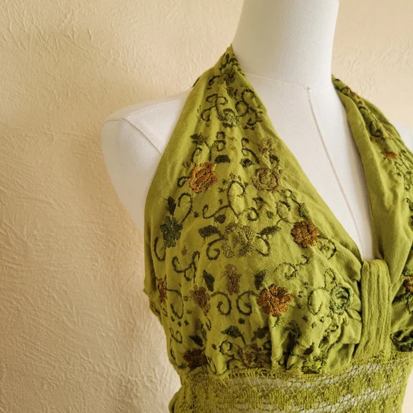 Vintage Embroidered Green Gauze Boho Halter Dress - Picture 3 of 8